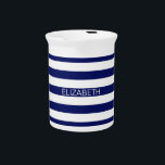 Navy White Horizontal Preppy Stripe Name Monogram Pitcher<br><div class="desc">Classic Navy Blue and White Preppy Horizontal Rugby Stripes Name Monogram A stylish bold horizontal stripe pattern with a template for your name, initials or other text. You can also customize the text font, font color, font size and rotation, move or remove the sample text, add additional text fields, add...</div>