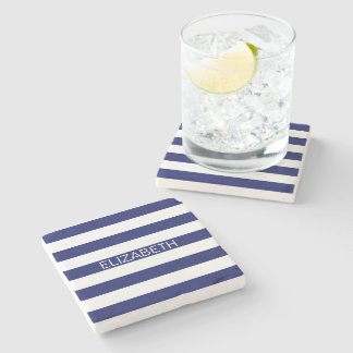 Navy White Horizontal Preppy Stripe Name Monogram Stone Coaster