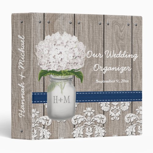 Navy White Hydrangea Mason Jar Wedding Planner 3 Ring Binder