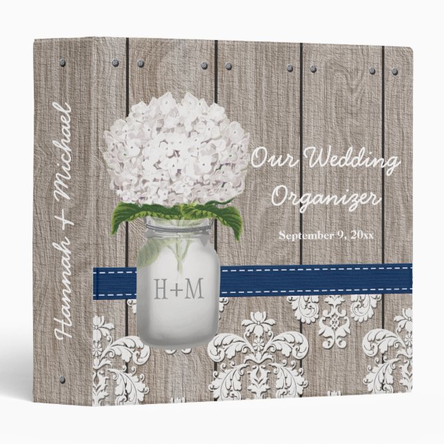Navy White Hydrangea Mason Jar Wedding Planner 3 Ring Binder (Front/Spine)