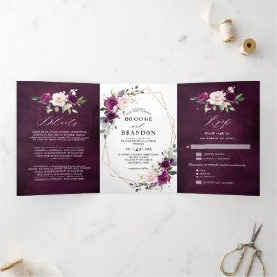 Navy White Ivory Geometric Tri-fold Wedding invite