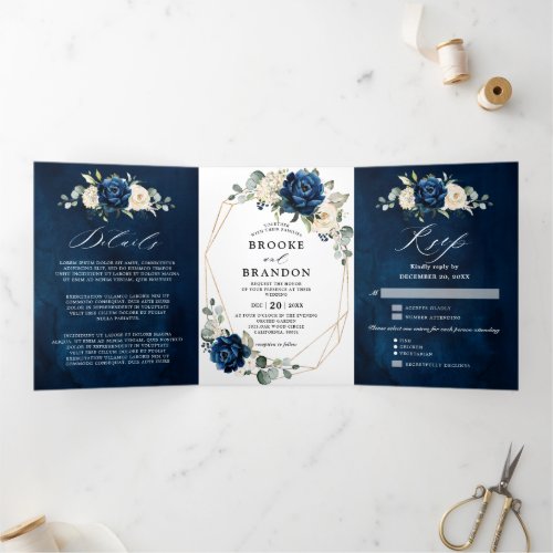 Navy White Ivory Geometric Tri_fold Wedding invite