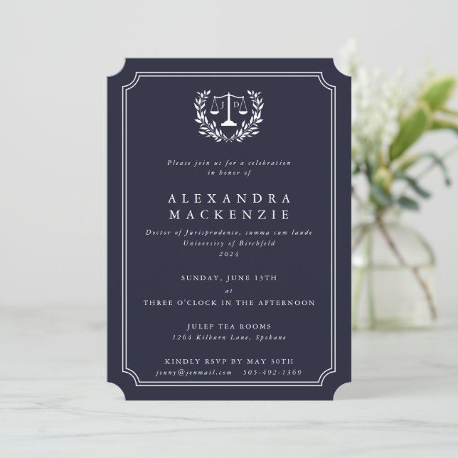 Navy/White JD Law Scales + Laurel Graduation Invitation (Standing Front)