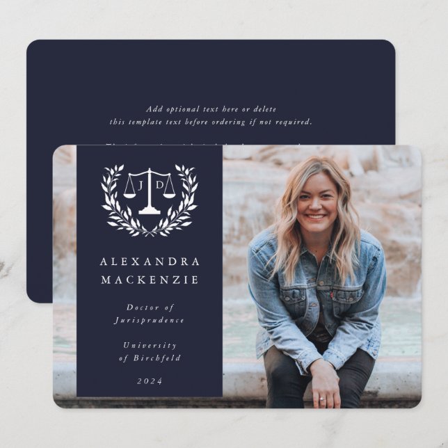 Navy + White JD Law Scales Laurel Wreath Photo Announcement (Front/Back)