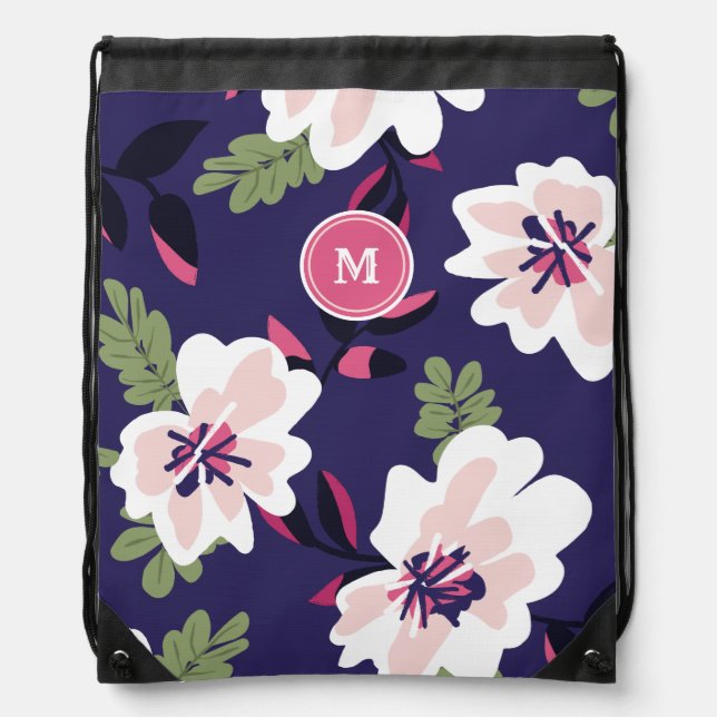 Navy & White Large Scale Floral Pattern Drawstring Bag (Front)