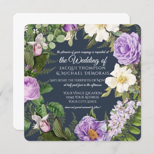 Navy White Lavender Roses Vintage Botanical Floral Invitation