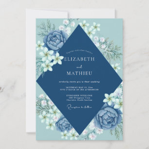 Navy White Leaf Wedding Invitation