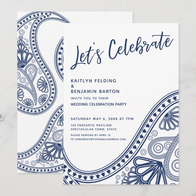 Navy White Let's Celebrate Paisley Reception-Only Invitation (Front/Back)