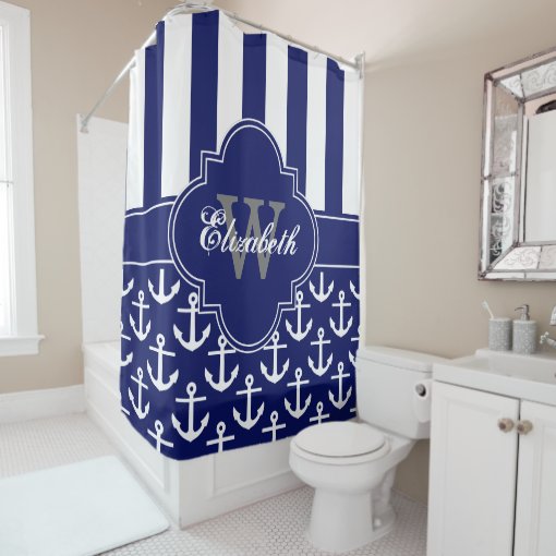 Navy White Lg Anchor Stripe 1icbr Monogram Shower Curtain Zazzle