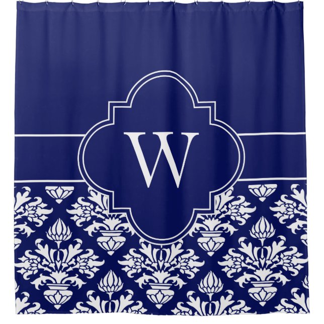 Navy White LG Damask #3 1ICBR Navy Monogram Shower Curtain (Front)