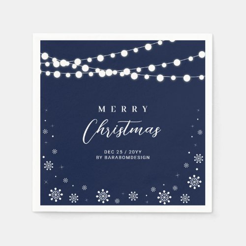 Navy  White Lights Merry Christmas Holiday Party Napkins