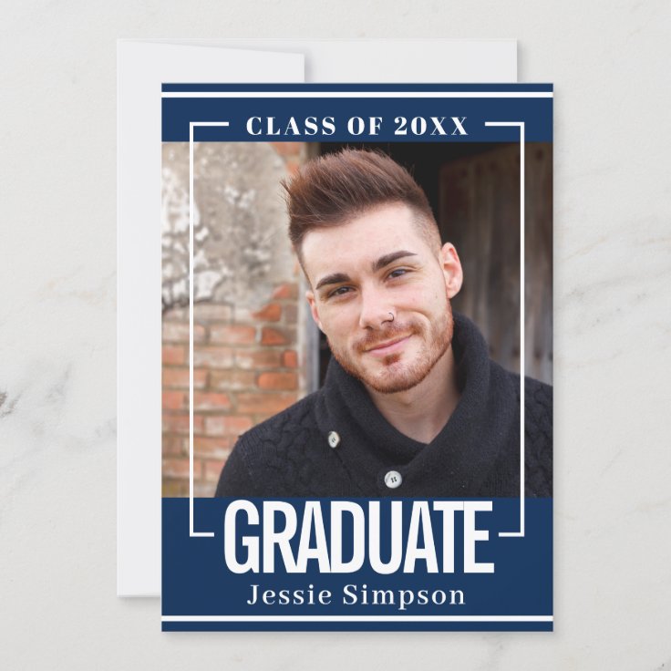 Navy White Modern PHOTO Graduation Party Invitation | Zazzle