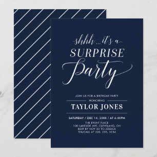 Navy & White Modern Surprise Birthday Party Invitation