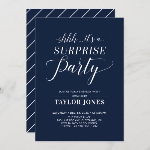 Navy  White  Modern Surprise Birthday Party Invitation