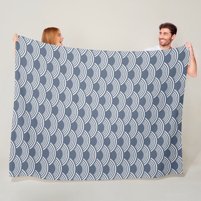 Navy White Modern Wave Pattern Fleece Blanket (In Situ)