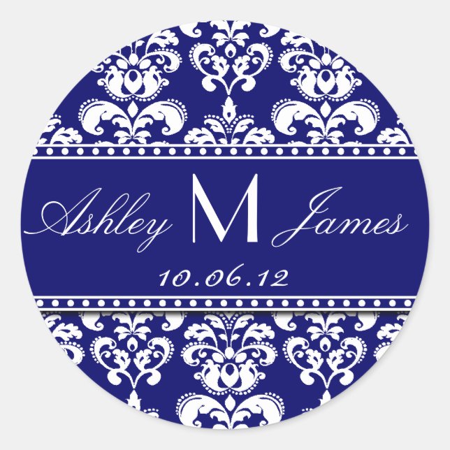 Navy White Monogram Damask Save the Date Stickers (Front)