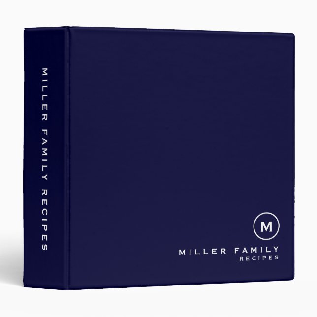 Navy White Monogram Family Recipe 3 Ring Binder (Front/Spine)