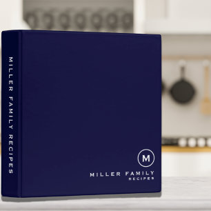 Navy White Monogram Initial Family Recipe 3 Ring Binder