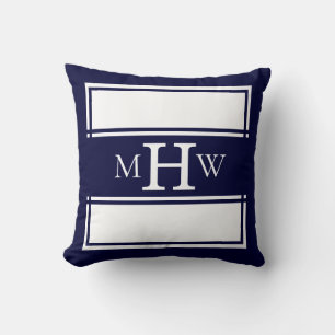 Navy & White Monogrammed Banner with Border Throw Pillow
