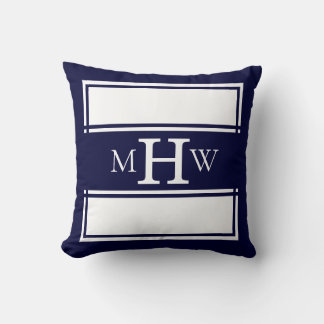 Navy & White Monogrammed Banner with Border Throw Pillow