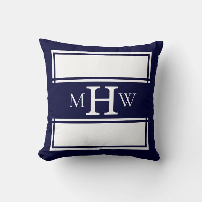 Navy & White Monogrammed Banner with Border Throw Pillow (Front)