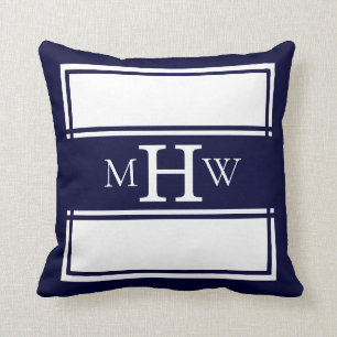 Navy & White Monogrammed Banner with Border Throw Pillow