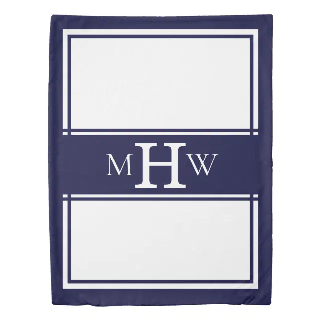 Navy & White Monogrammed Border Banner Twin Duvet Cover | Zazzle