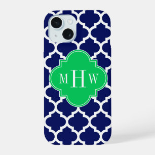 Navy White Moroccan #5 Emerald 3 Initial Monogram iPhone 15 Case