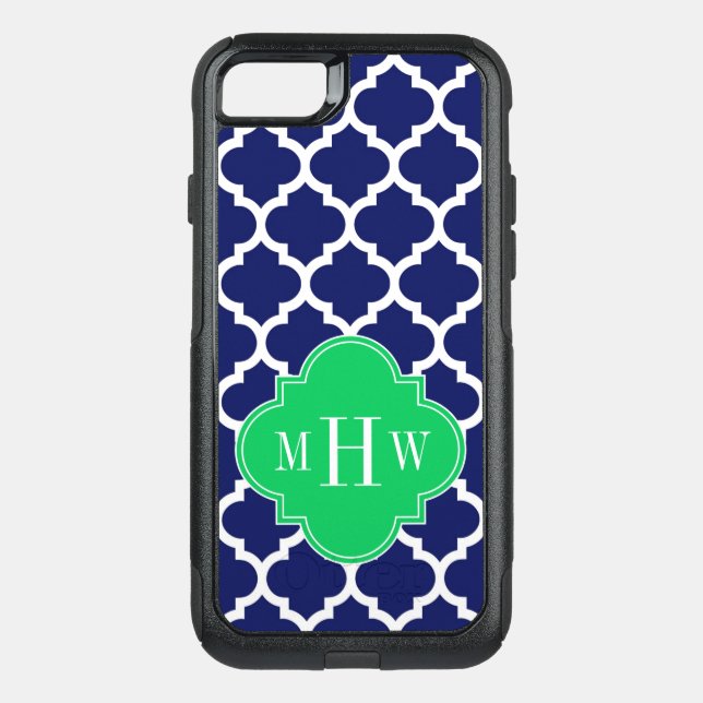 Navy White Moroccan #5 Emerald 3 Initial Monogram Otterbox iPhone Case (Back)