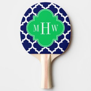 Navy White Moroccan #5 Emerald 3 Initial Monogram Ping-Pong Paddle