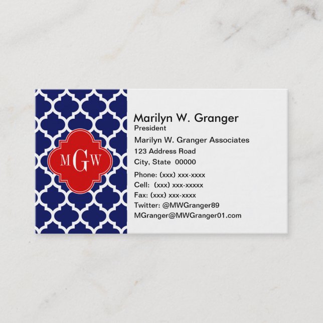 Navy White Moroccan #5 Red 3 Initial Monogram Business Card (Front)