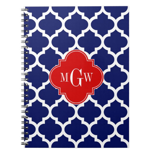 Navy White Moroccan #5 Red 3 Initial Monogram Notebook (Front)