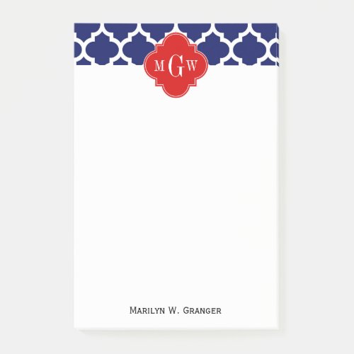 Navy White Moroccan 5 Red 3 Initial Monogram Post_it Notes