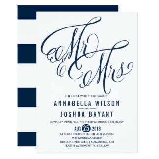 Navy & White Mr. & Mrs. Elegant Script Wedding Card