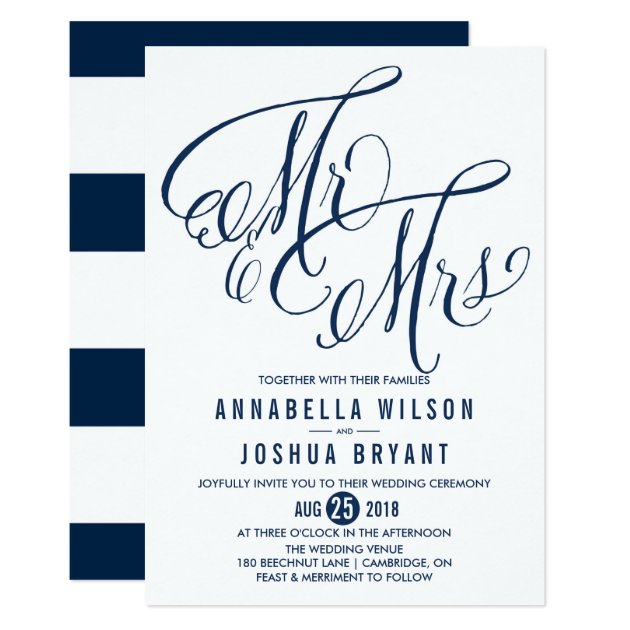 Navy & White Mr. & Mrs. Elegant Script Wedding Invitation