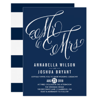 Navy & White Mr. & Mrs. Elegant Script Wedding II Card