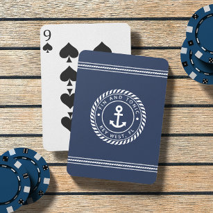 Navy & White Nautical Anchor Boat Name Playing Cards