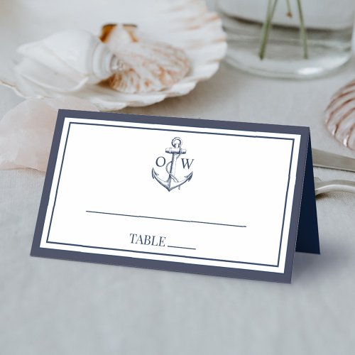 Navy White Nautical Anchor Monogram Wedding Place Card