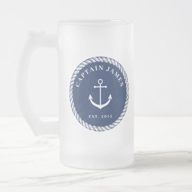 Navy & White Nautical Anchor Rope Captain Frosted Glass Beer Mug (Left)