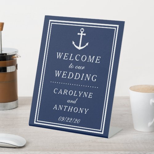 Navy  White Nautical Anchor Wedding Welcome Pedestal Sign