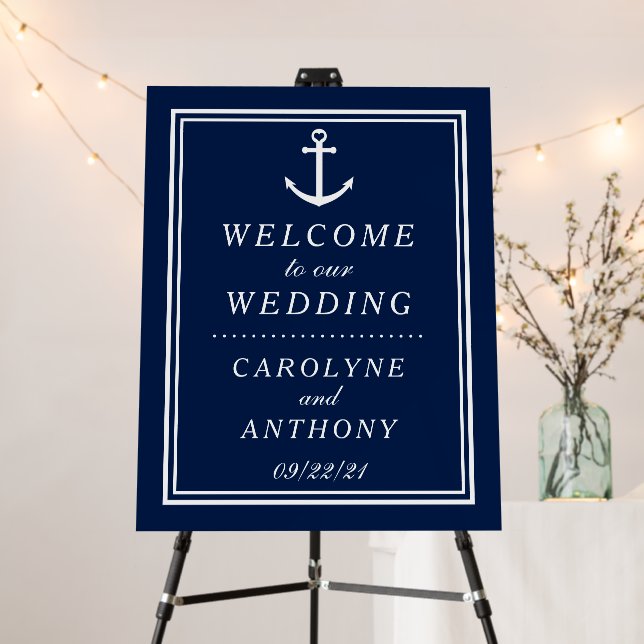 Navy & White Nautical Anchor Wedding Welcome Sign (In Situ (Stand))