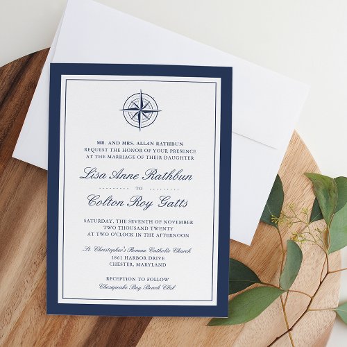 Navy  White Nautical Compass Wedding Invitation