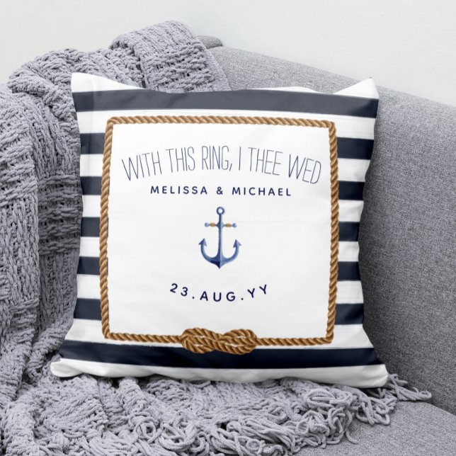Navy & White Nautical Infinity Ring Bearer Wedding Throw Pillow (Nautical Wedding Ring Bearer Keepsake Pillow with White and Navy Blue Stripes and Infinity Love Knot)
