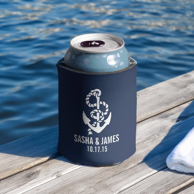 Navy & White Nautical Rope & Anchor Wedding Favor Can Cooler (Creator Uploaded)