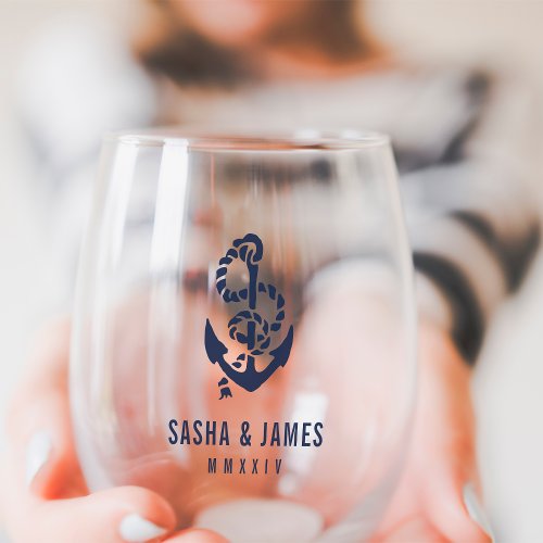 Navy  White Nautical Rope  Anchor Wedding Favor Stemless Wine Glass