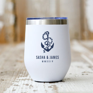 Navy & White Nautical Rope & Anchor Wedding Favor Thermal Wine Tumbler