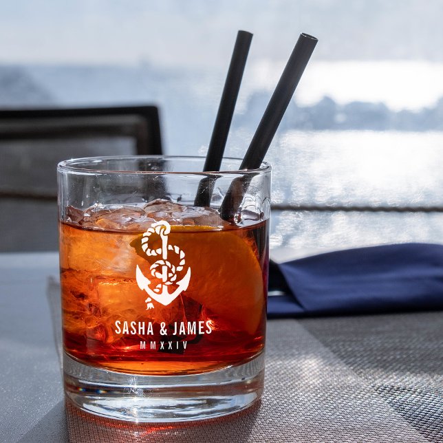 Navy & White Nautical Rope & Anchor Wedding Favor Whiskey Glass (Creator Uploaded)