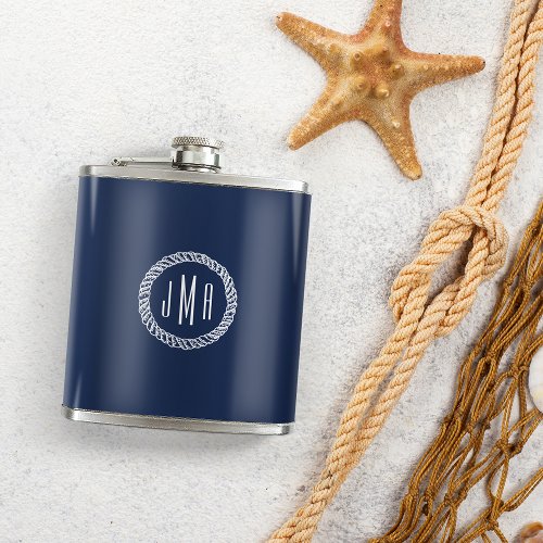 Navy  White Nautical Rope Monogram Hip Flask