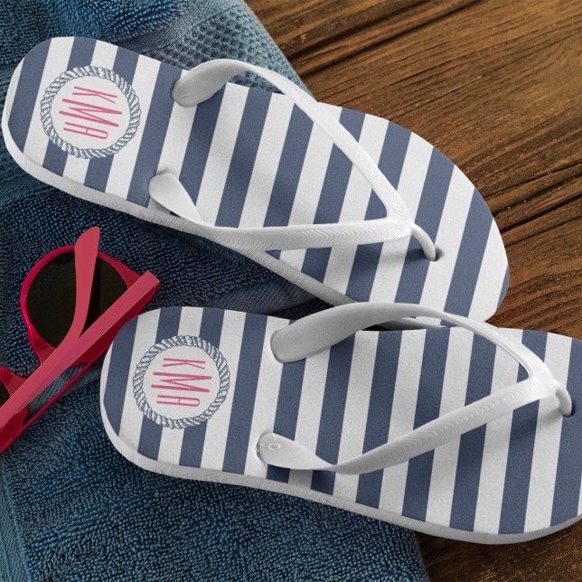 Navy & White Nautical Stripe w/ Pink Monogram Flip Flops (Creator Uploaded)
