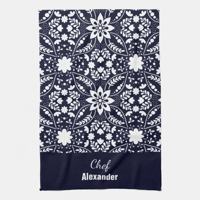 Navy White Nordic Folk Floral Pattern  Kitchen Towel (Vertical)